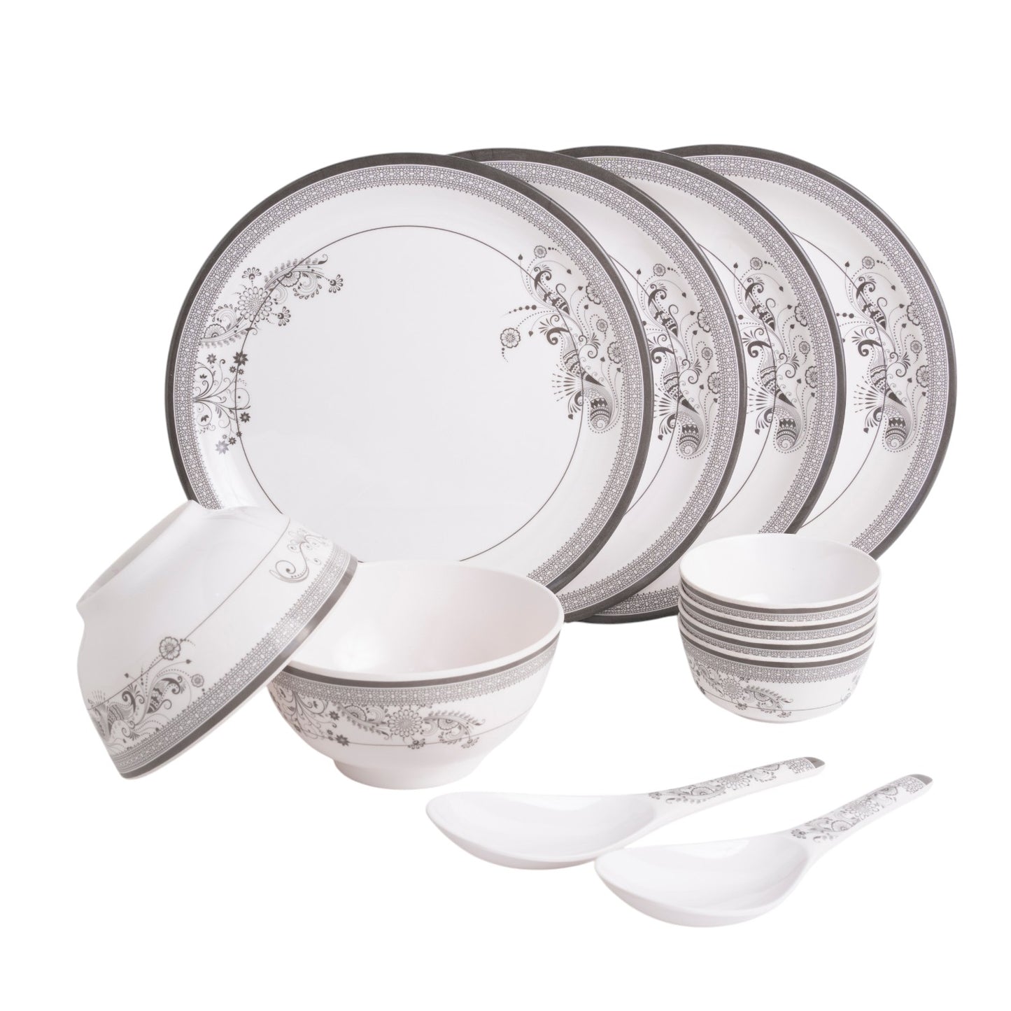 SUPERWARE | Pure Melamine | Dinner Set - Silver Lace | Set Of 12 Pcs. | Stain Free, Glazed Finish