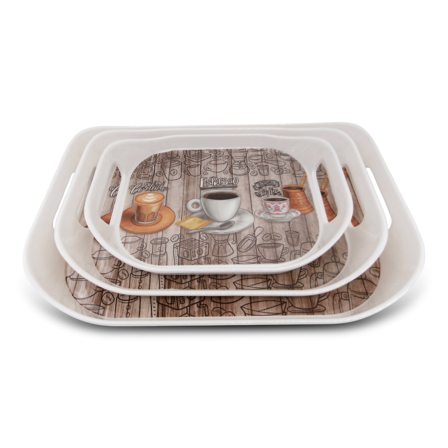 SUPERWARE | Pure Melamine | Rando Tray Set - Coffee Club | Set Of 3 Pcs.| Stain Free, Glazed Finish
