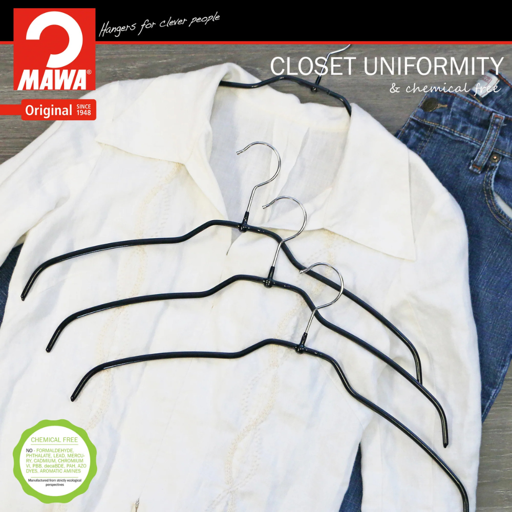 MAWA | Made in Germany | Metal Hanger Set | Shirt Hanger | Silhouette 42/FT | Collar Shape | Non-Slip Coating | 360° Rotatable Swivel Hook | Space Saver | 20 Pieces