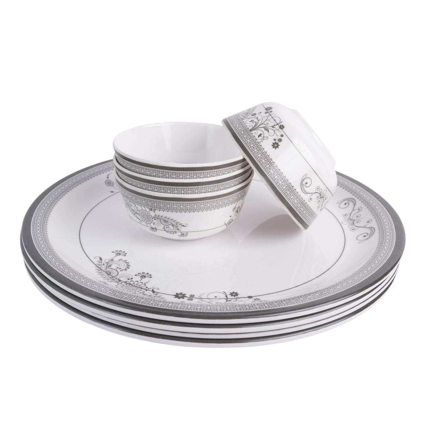 SUPERWARE | Pure Melamine | Dinner Set - Silver Lace | Set Of 12 Pcs. | Stain Free, Glazed Finish