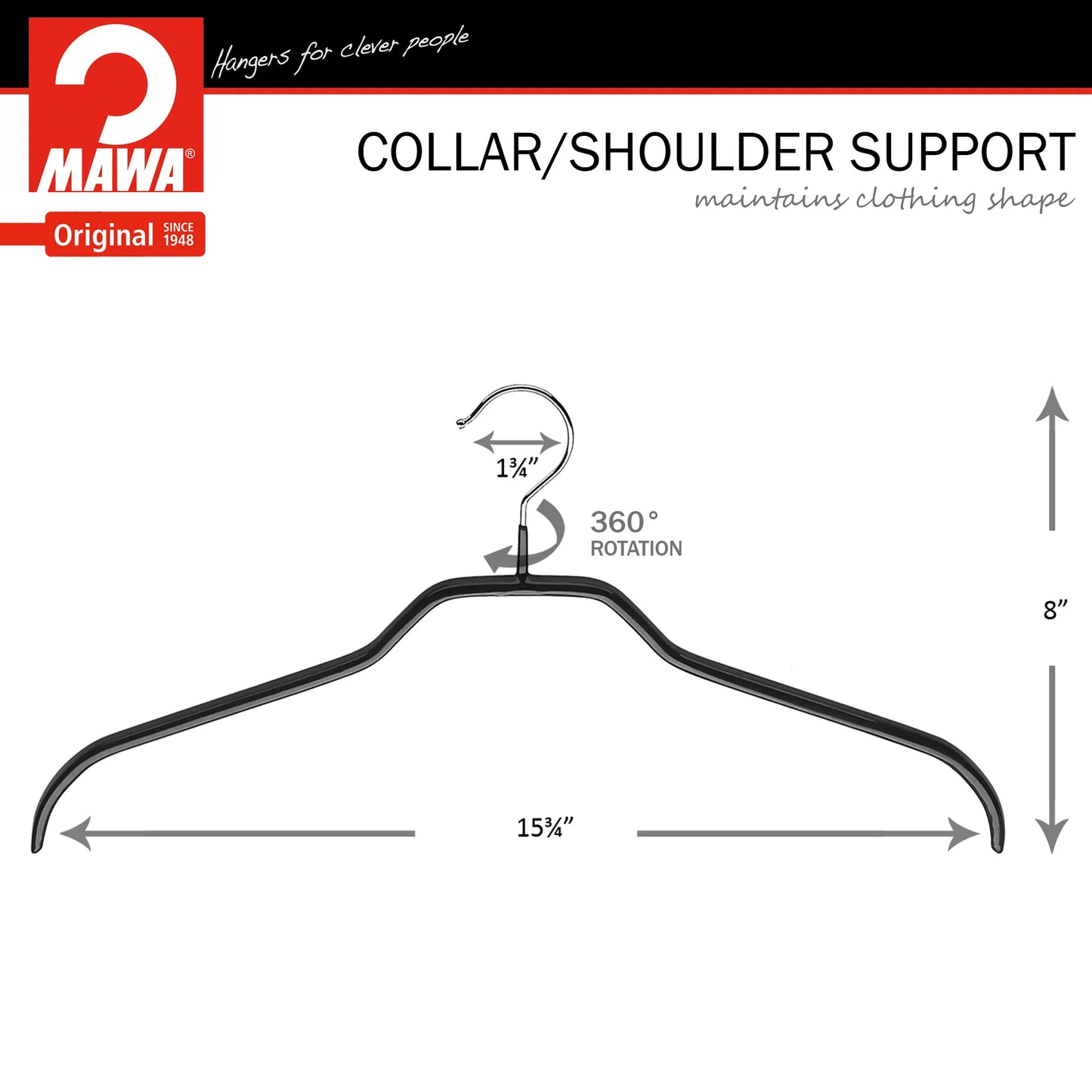 MAWA | Made in Germany | Metal Hanger Set | Silhouette 41/F | Shirt Hanger | Collar Shape | Non-Slip Coating | 360° Rotatable Swivel Hook | Space Saver | 10 Pieces