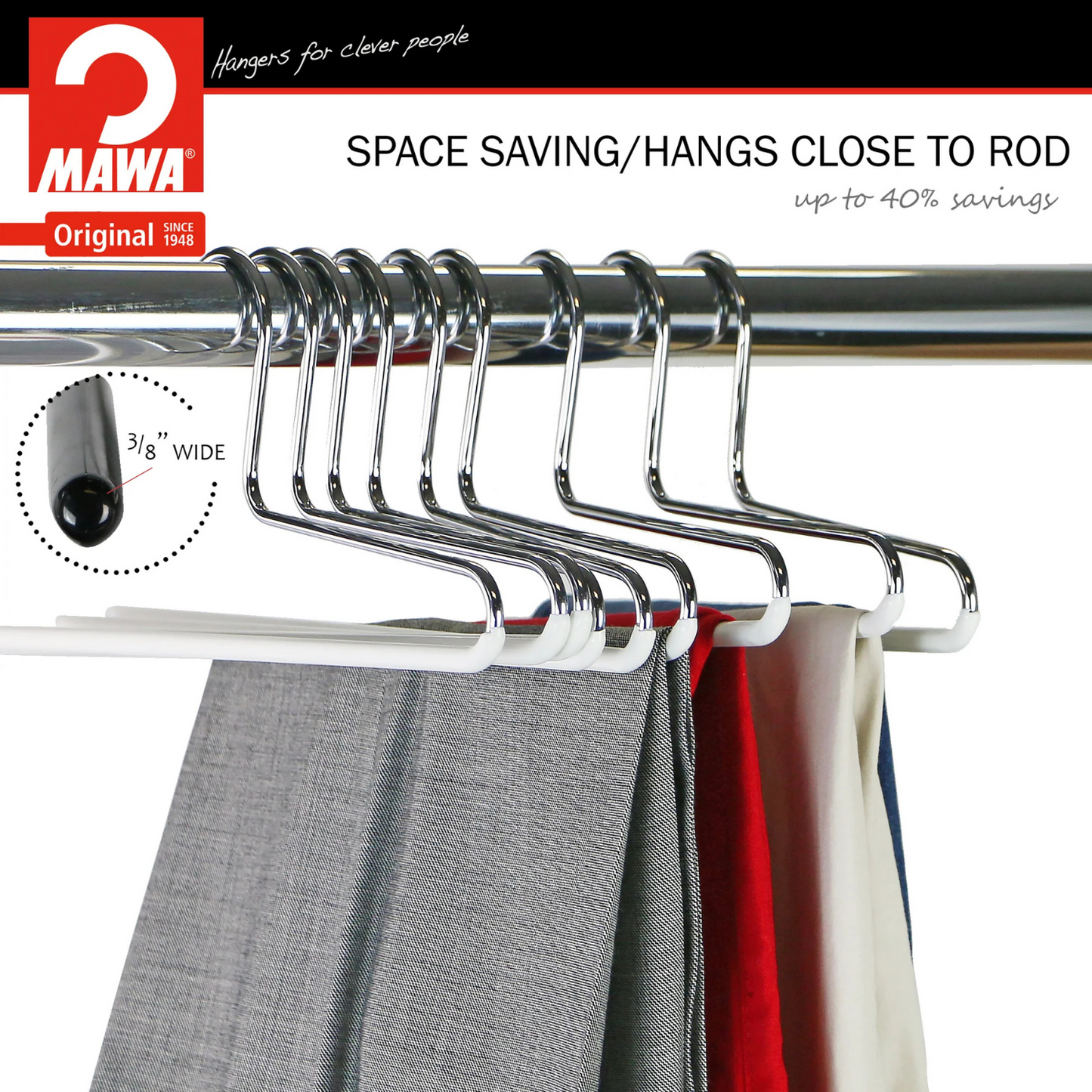 MAWA | Made in Germany | Metal Hanger Set | Trouser Hanger | KHC 35 | Anti-Slip Bar | Space Saver | 10 Pieces