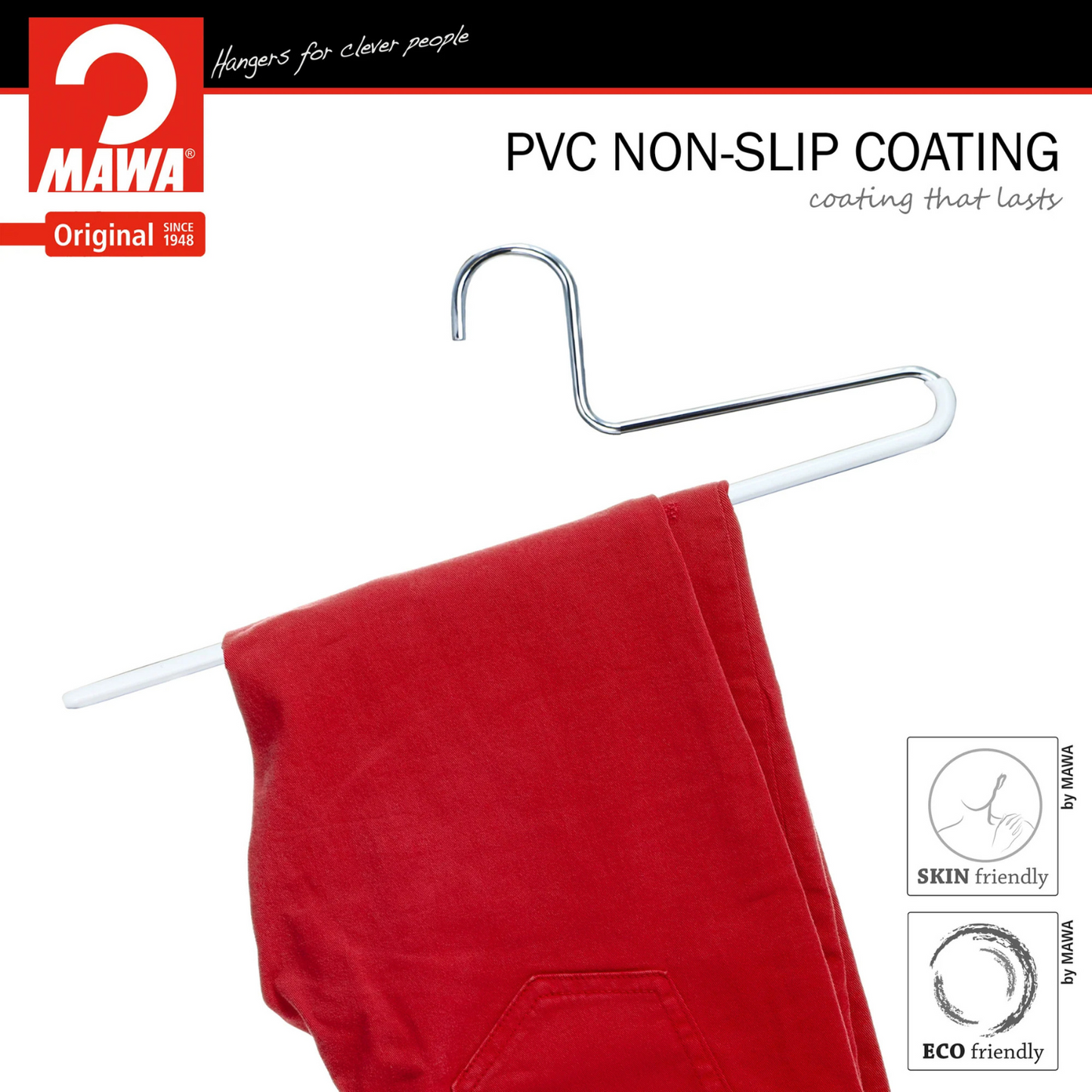 MAWA | Made in Germany | Metal Hanger Set | Trouser Hanger | KHC 35 | Anti-Slip Bar | Space Saver | 10 Pieces
