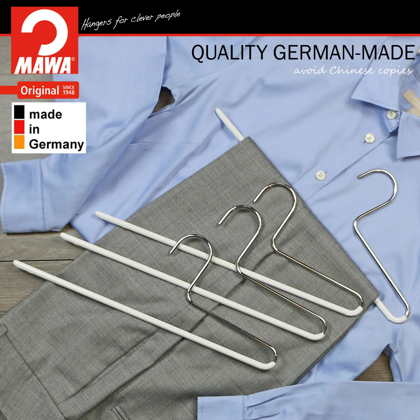 MAWA | Made in Germany | Metal Hanger Set | Trouser Hanger | KHC 35 | Anti-Slip Bar | Space Saver | 10 Pieces