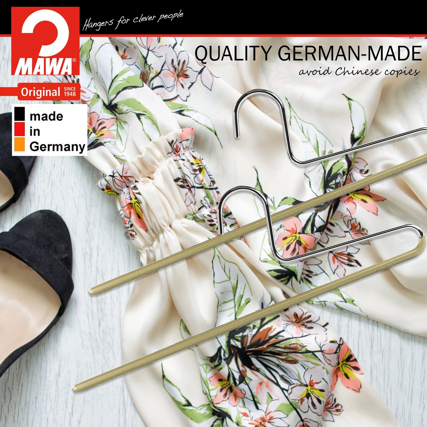 MAWA | Made in Germany | Metal Hanger Set | Trouser Hanger | KHC 35 | Anti-Slip Bar | Space Saver | 10 Pieces