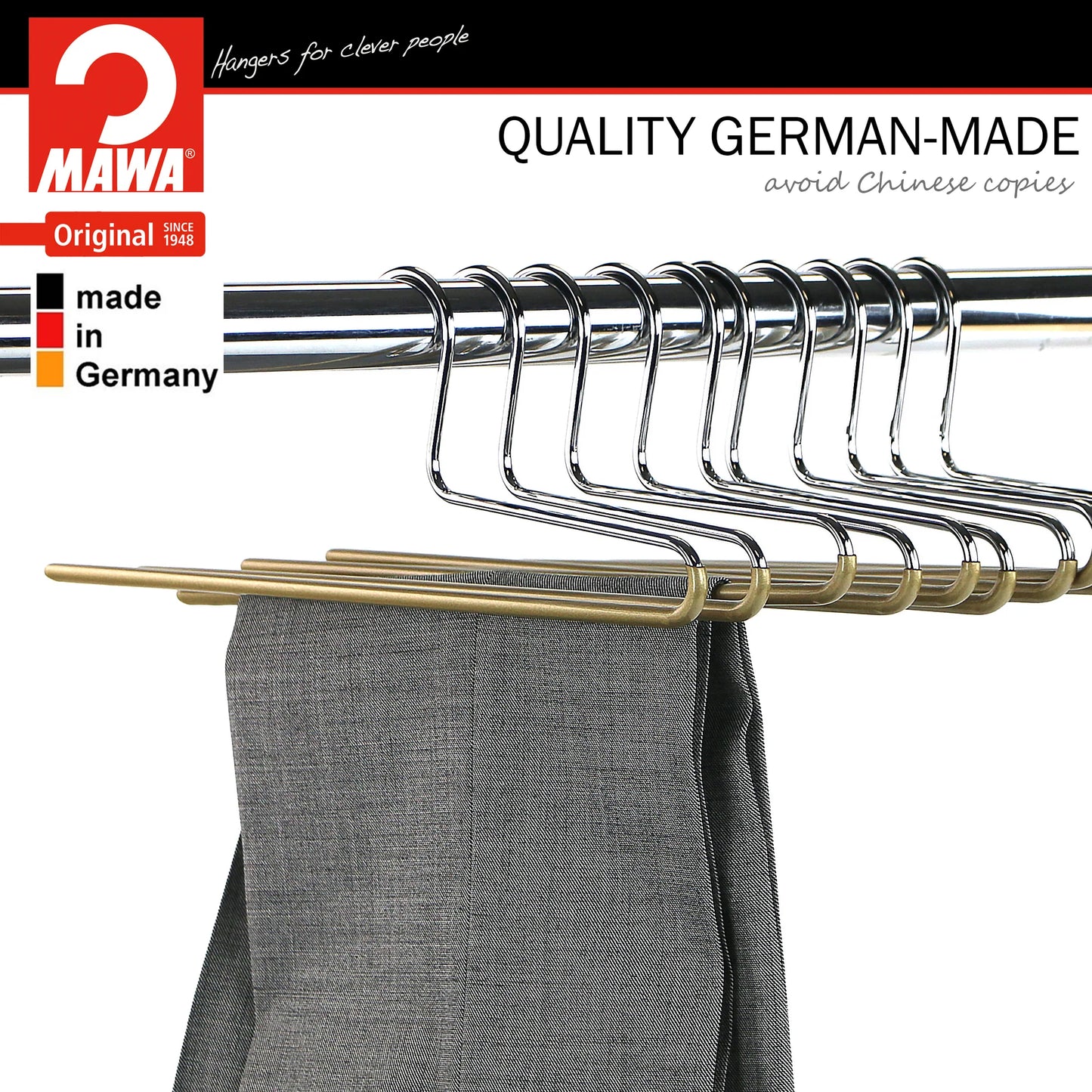 MAWA | Made in Germany | Metal Hanger Set | Trouser Hanger | KHC 35 | Anti-Slip Bar | Space Saver | 10 Pieces