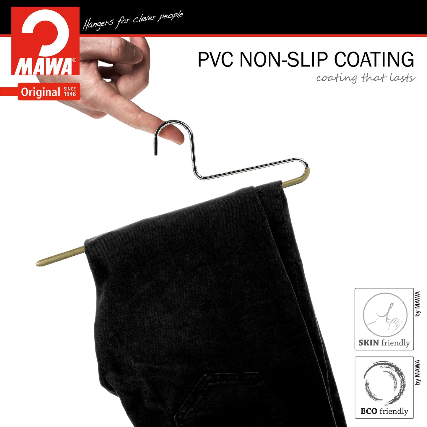MAWA | Made in Germany | Metal Hanger Set | Trouser Hanger | KHC 35 | Anti-Slip Bar | Space Saver | 10 Pieces