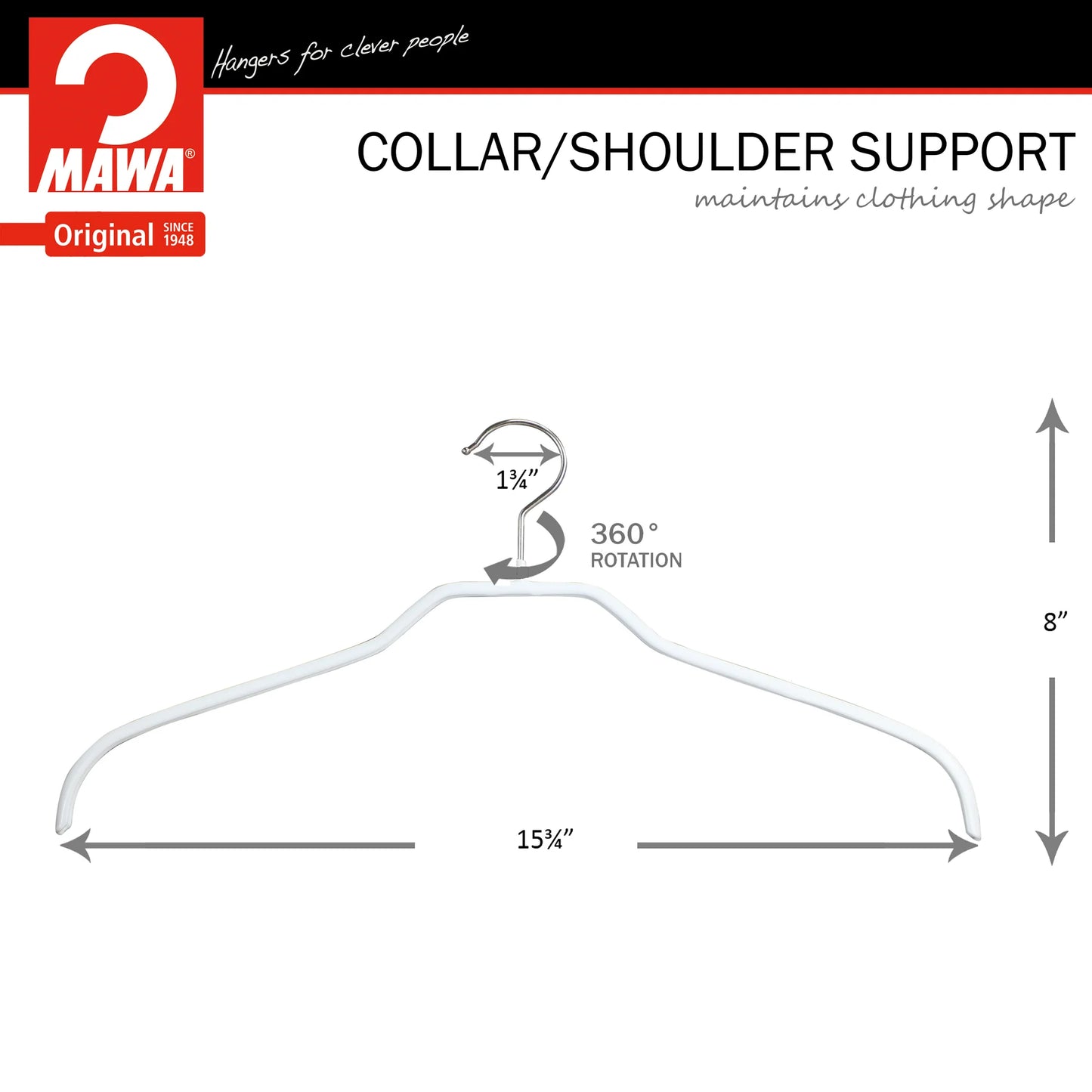 MAWA | Made in Germany | Metal Hanger Set | Silhouette 41/F | Shirt Hanger | Collar Shape | Non-Slip Coating | 360° Rotatable Swivel Hook | Space Saver | 10 Pieces