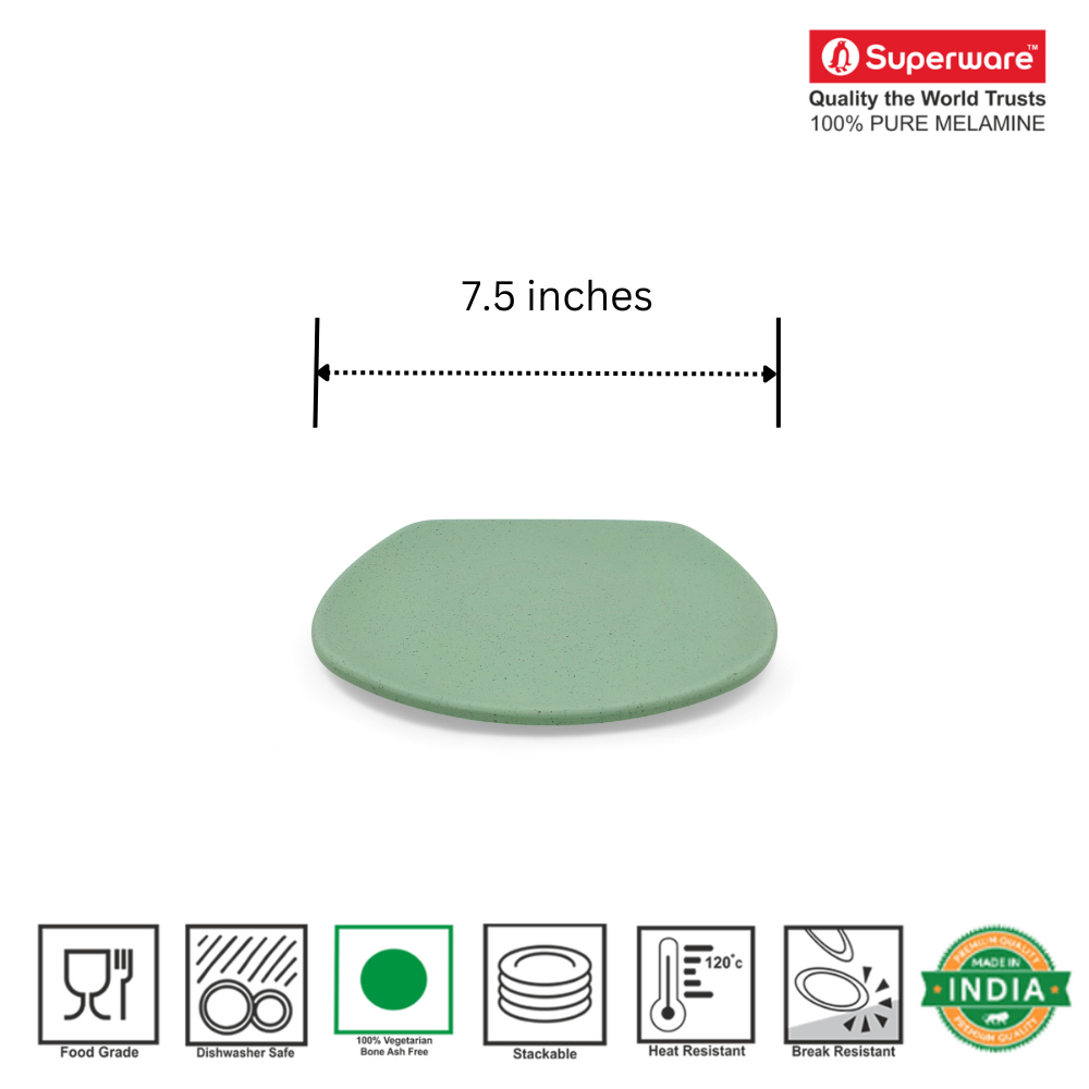 SUPERWARE | Pure Melamine | Square Small Plate Set - Green Sand (7.5") | 6 Nos. | Stain Free, Glazed Finish