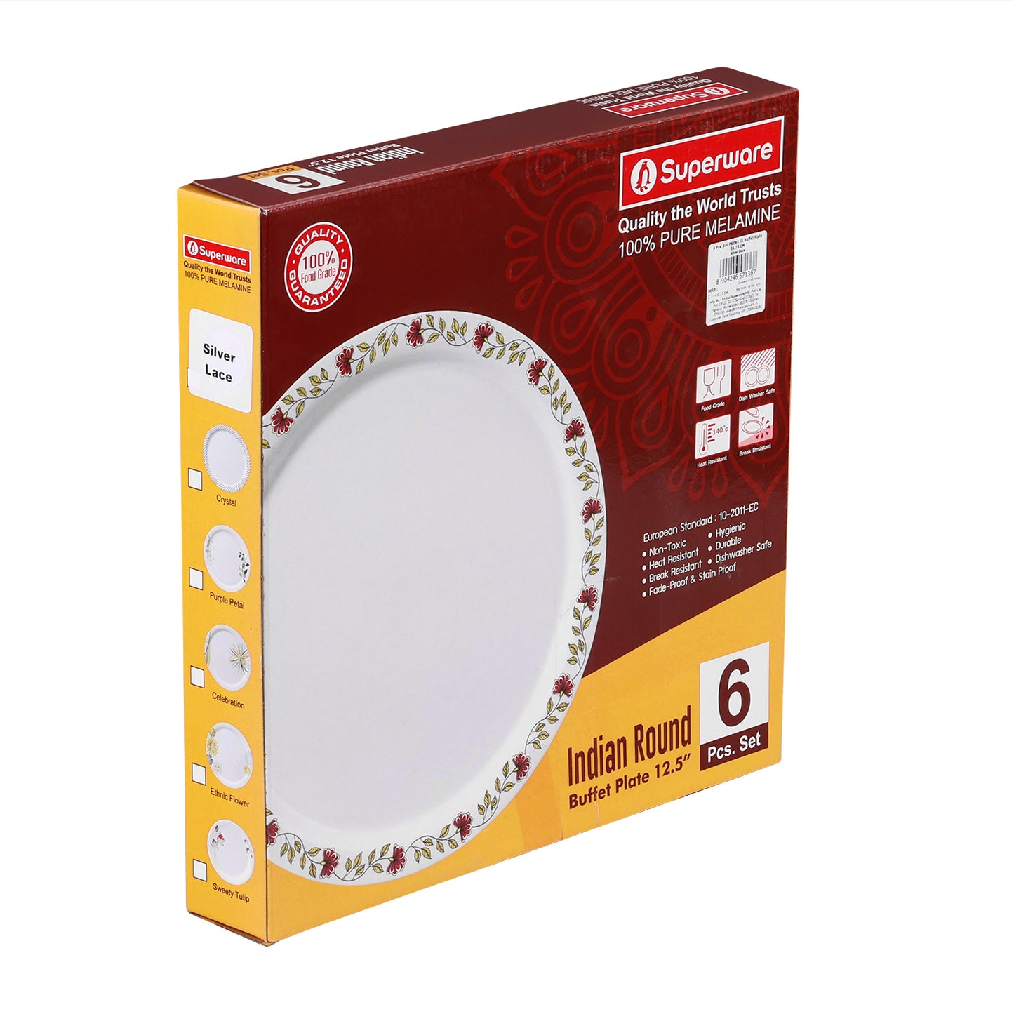 SUPERWARE | Pure Melamine | Dinner Plate Set – SILVER LACE (11.0") | 6 Nos. | Stain Free, Glazed Finish