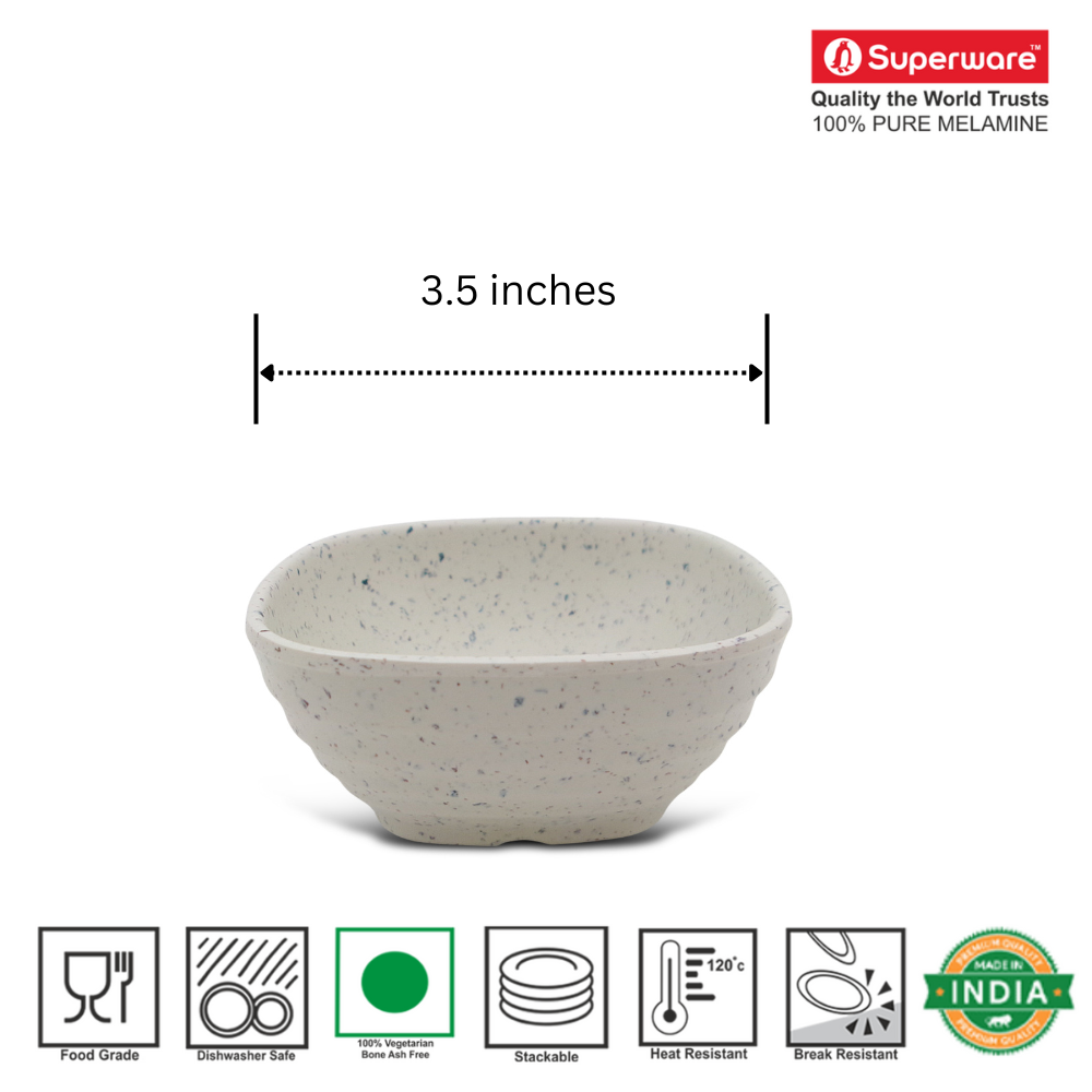 SUPERWARE | Pure Melamine | Square Katori Set - White Sand (3.5") | 6 Nos. | Stain Free, Glazed Finish