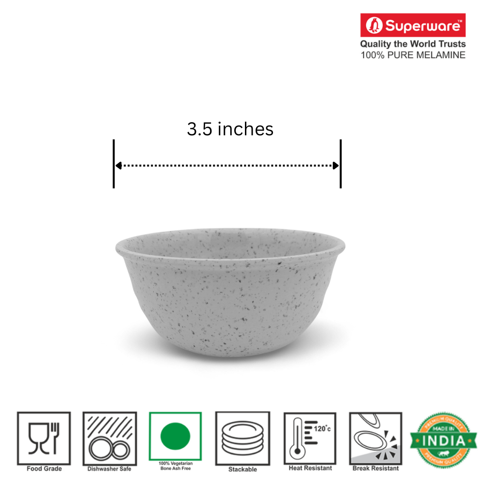 SUPERWARE | Pure Melamine | Round Katori Set - White Sand (3.5") | 6 Nos. | Stain Free, Glazed Finish