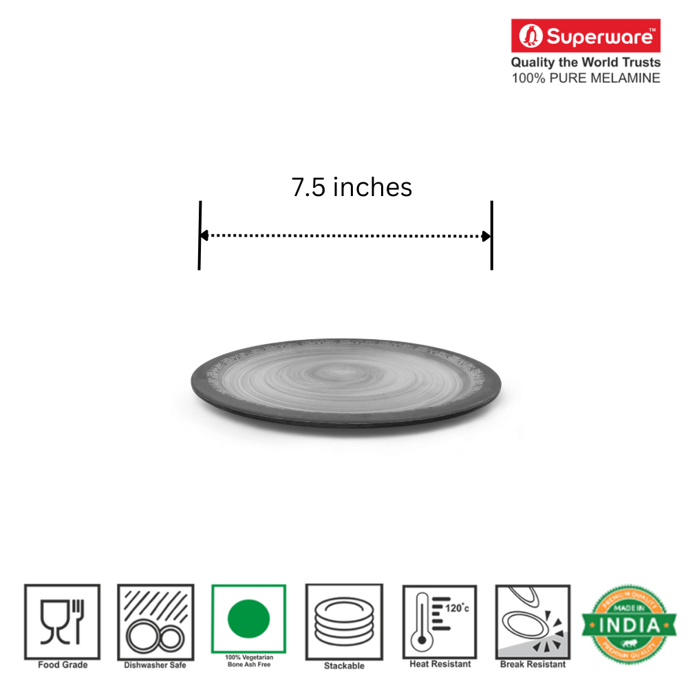SUPERWARE | Pure Melamine | Small Plate Set - Circular Black-Matte (7.5") | 6 Nos. | Stain Free, Glazed Finish