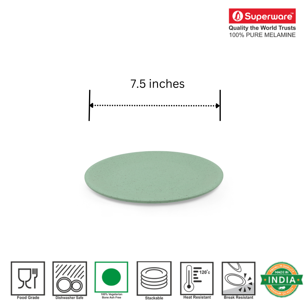 SUPERWARE | Pure Melamine | Round Small Plate Set - Green Sand (7.5") | 6 Nos. | Stain Free, Glazed Finish