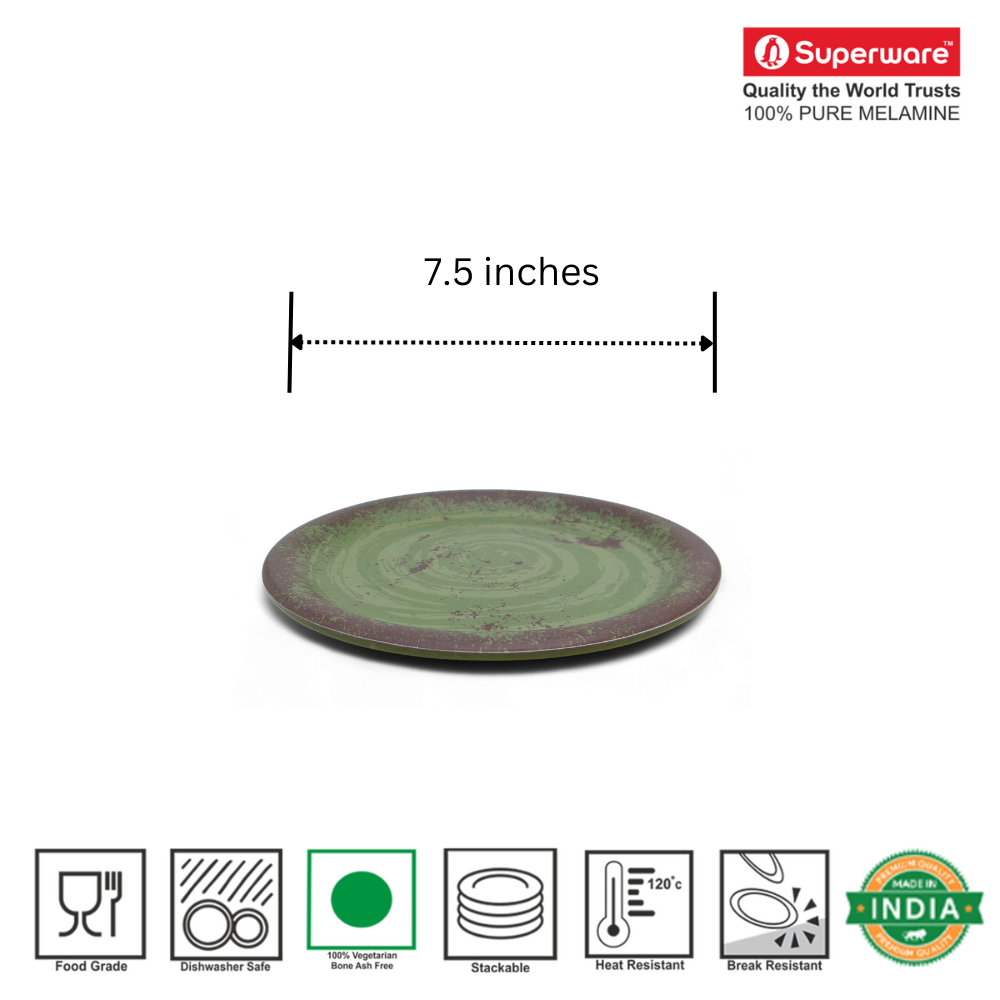 SUPERWARE | Pure Melamine | Small Plate Set - Rustic Q Olive Green-Matte (7.5") | 6 Nos. | Stain Free, Glazed Finish