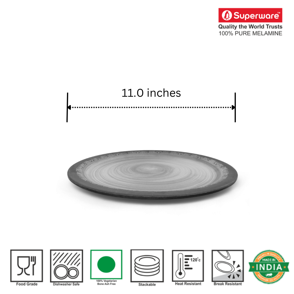 SUPERWARE | Pure Melamine | Dinner Plate Set - Circular Black-Matte (11.0") | 6 Nos. | Stain Free, Glazed Finish
