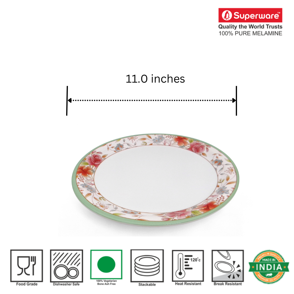 SUPERWARE | Pure Melamine | Dinner Plate Set – Floris (11.0") | 6 Nos. | Stain Free, Glazed Finish