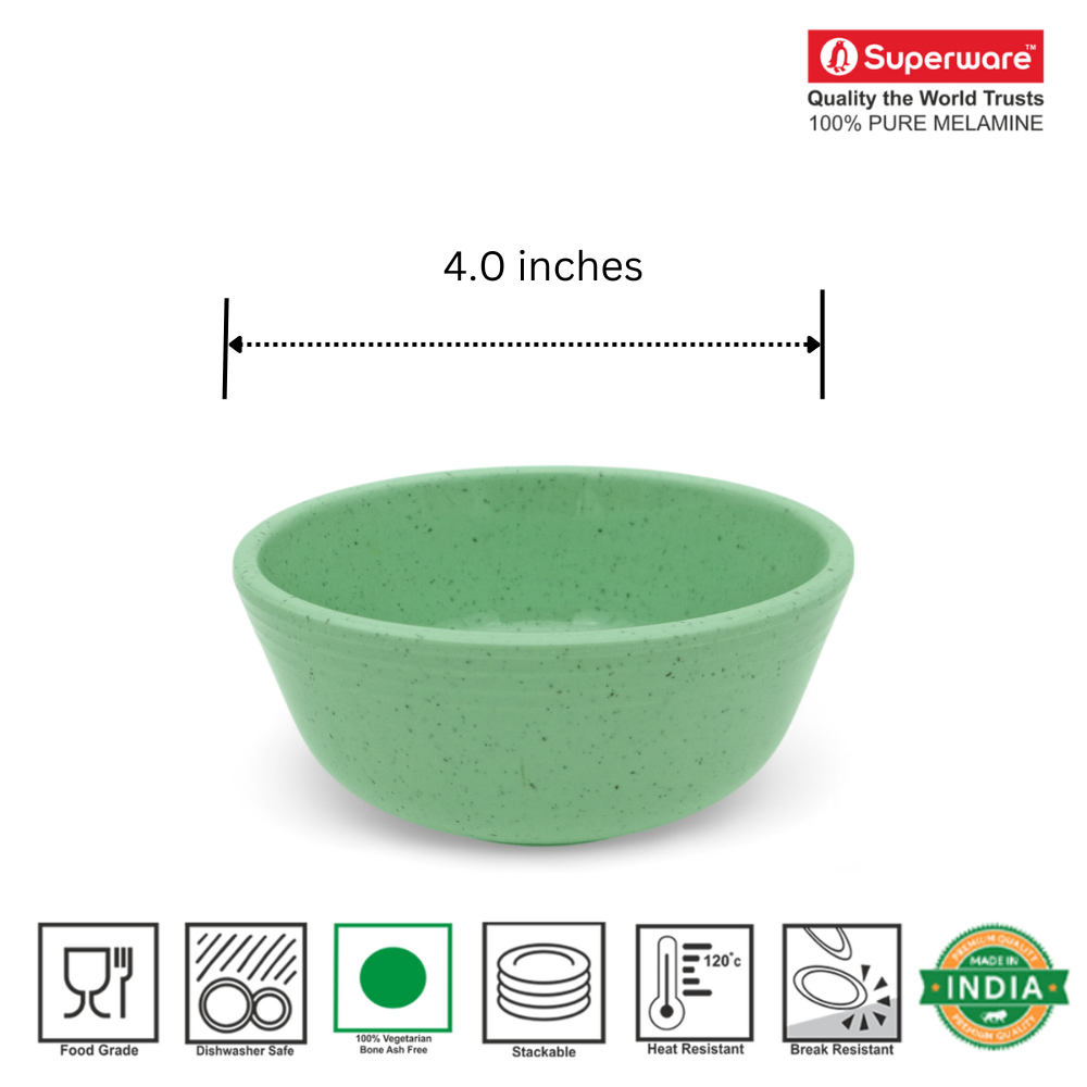 SUPERWARE | Pure Melamine | Classic Plus Bowl Set - Green Sand 4" | 6 Nos. | Stain Free, Glazed Finish