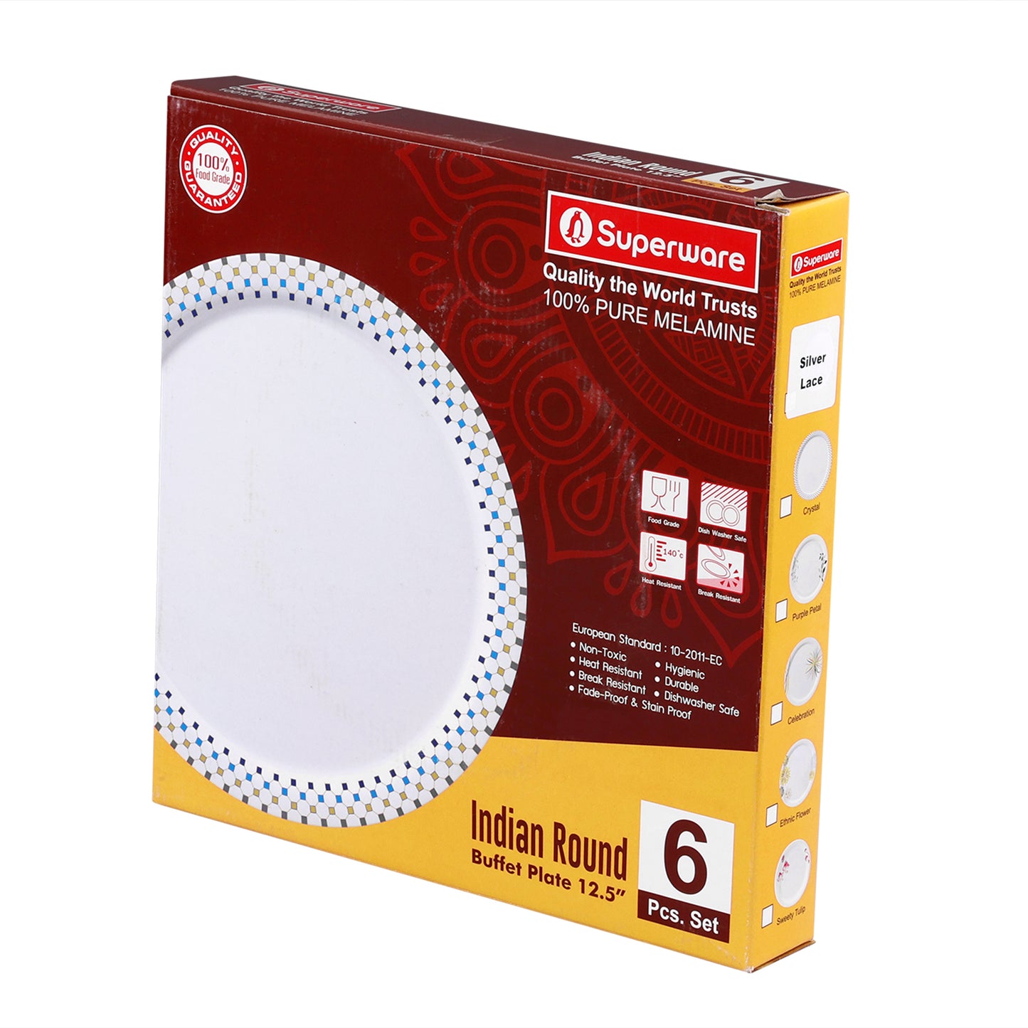 SUPERWARE | Pure Melamine | Dinner Plate Set – SILVER LACE (11.0") | 6 Nos. | Stain Free, Glazed Finish