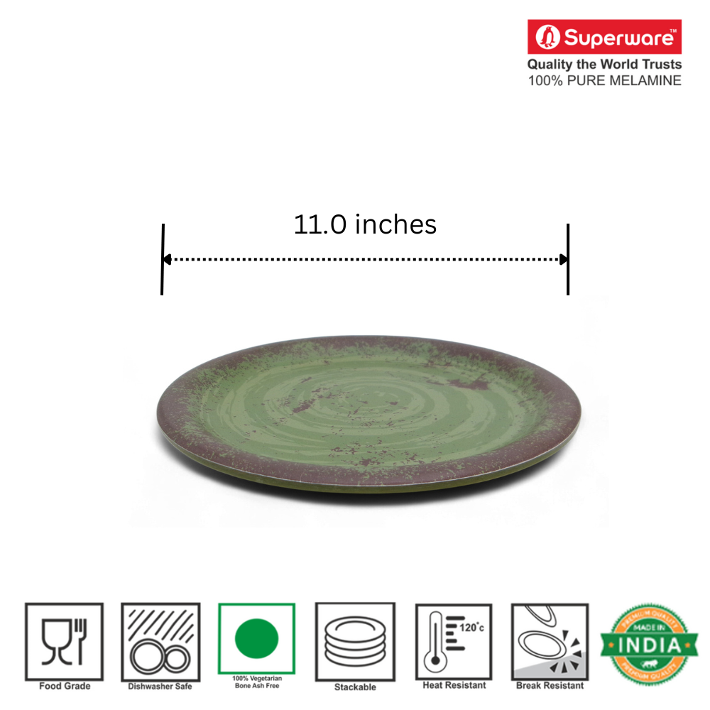 SUPERWARE | Pure Melamine | Dinner Plate Set - Rustic Q Olive Green (11.0") | 6 Nos. | Stain Free, Glazed Finish