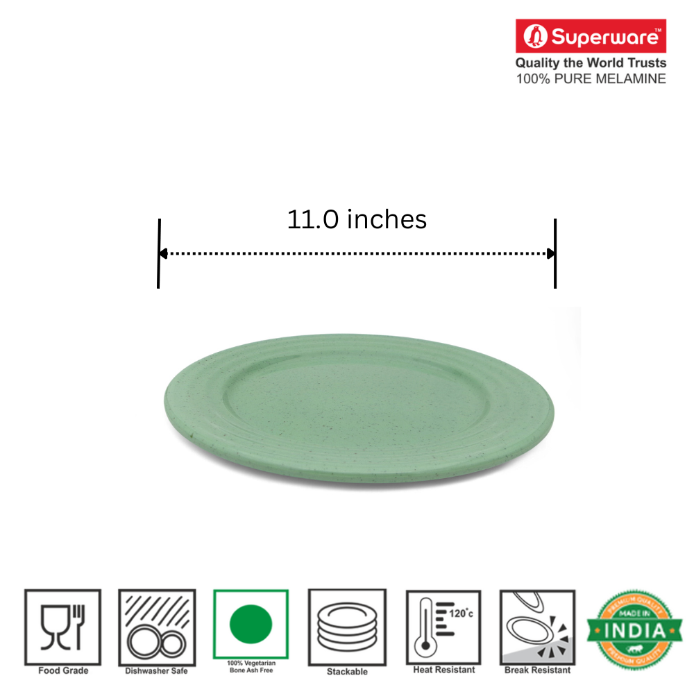 SUPERWARE | Pure Melamine | Classic Plus Dinner Plate Set - Green Sand (11.0") | 6 Nos. | Stain Free, Glazed Finish