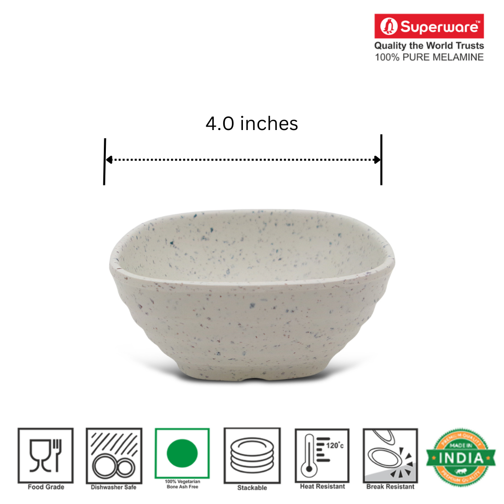 SUPERWARE | Pure Melamine | Square Bowl Set - White Sand 4" | 6 Nos. | Stain Free, Glazed Finish