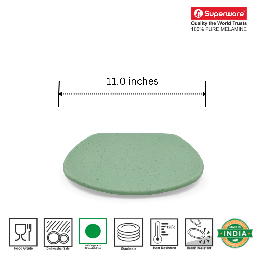 SUPERWARE | Pure Melamine | Square Dinner Plate Set - Green Sand (11.0") | 6 Nos.| Stain Free, Glazed Finish