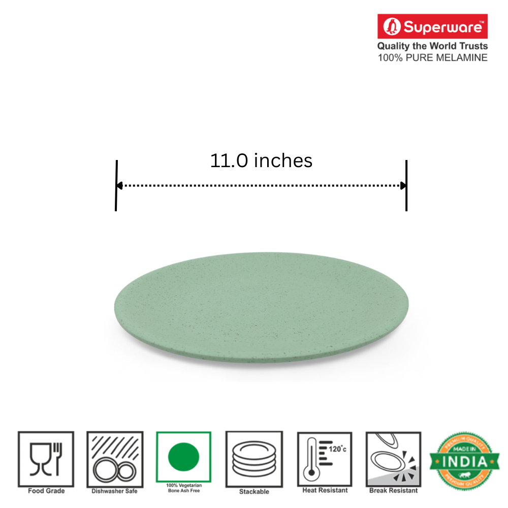 SUPERWARE | Pure Melamine | Round Dinner Plate Set - Green Sand (11.0") | 6 Nos. | Stain Free, Glazed Finish