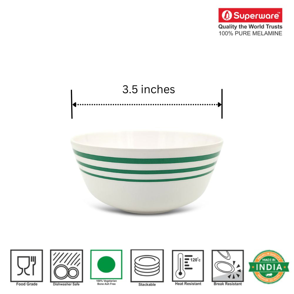 SUPERWARE | Pure Melamine | Katori Set - Green Lines (3.5") | 6 Nos. | Stain Free, Glazed Finish