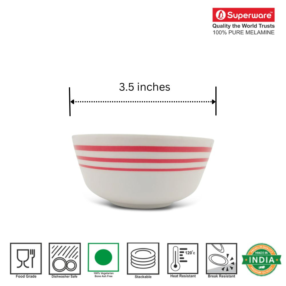 SUPERWARE | Pure Melamine | Katori Set - Red Lines (3.5") | 6 Nos.| Stain Free, Glazed Finish