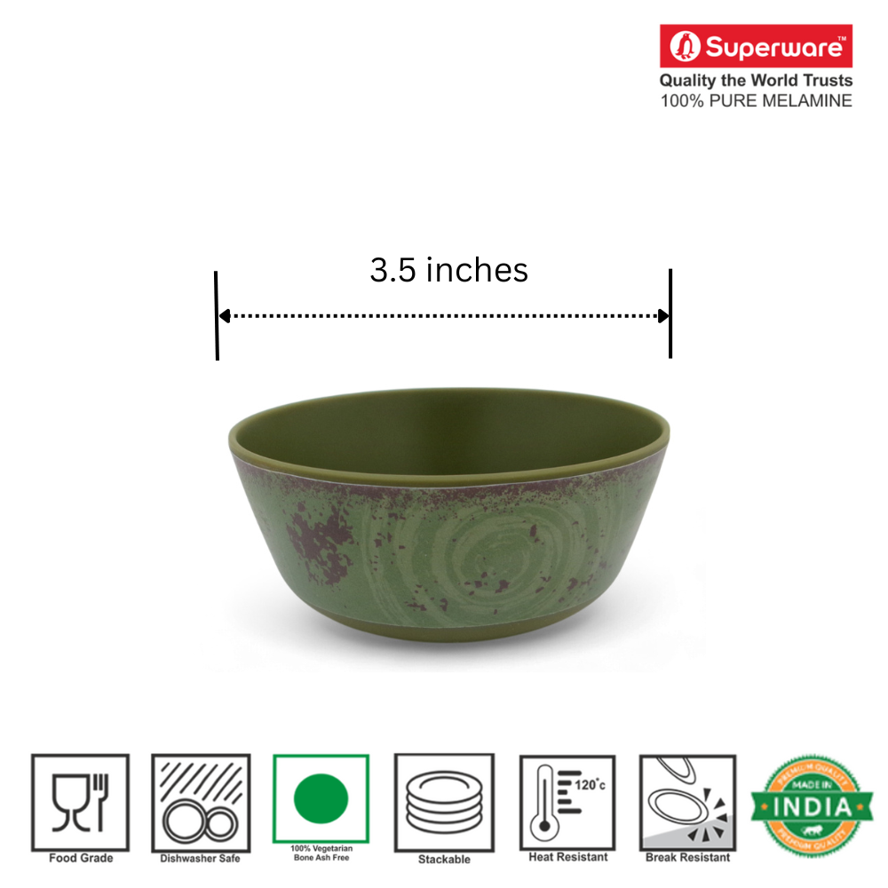 SUPERWARE | Pure Melamine | Katori Set - Rustic Q olive Green (3.5") | 6 Nos. | Stain Free, Glazed Finish