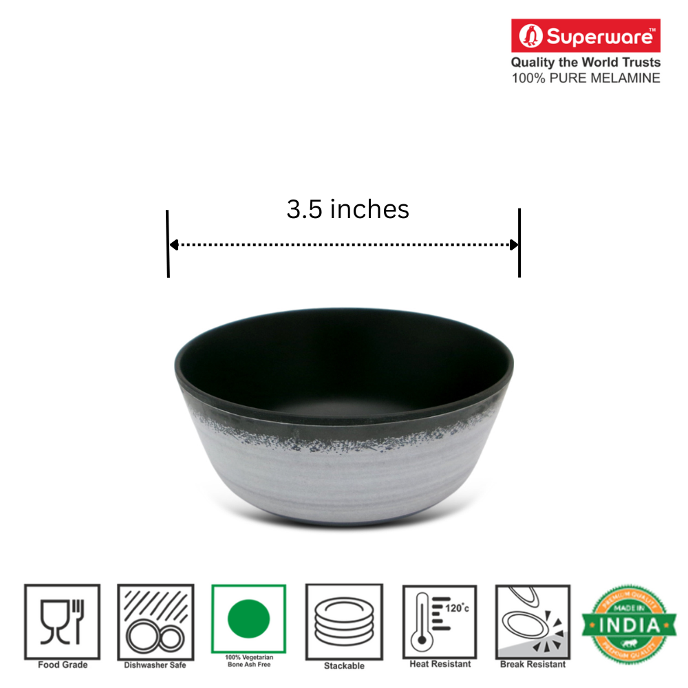SUPERWARE | Pure Melamine | Katori Set - Circular Black-Matte (3.5") | 6 Nos. | Stain Free, Glazed Finish