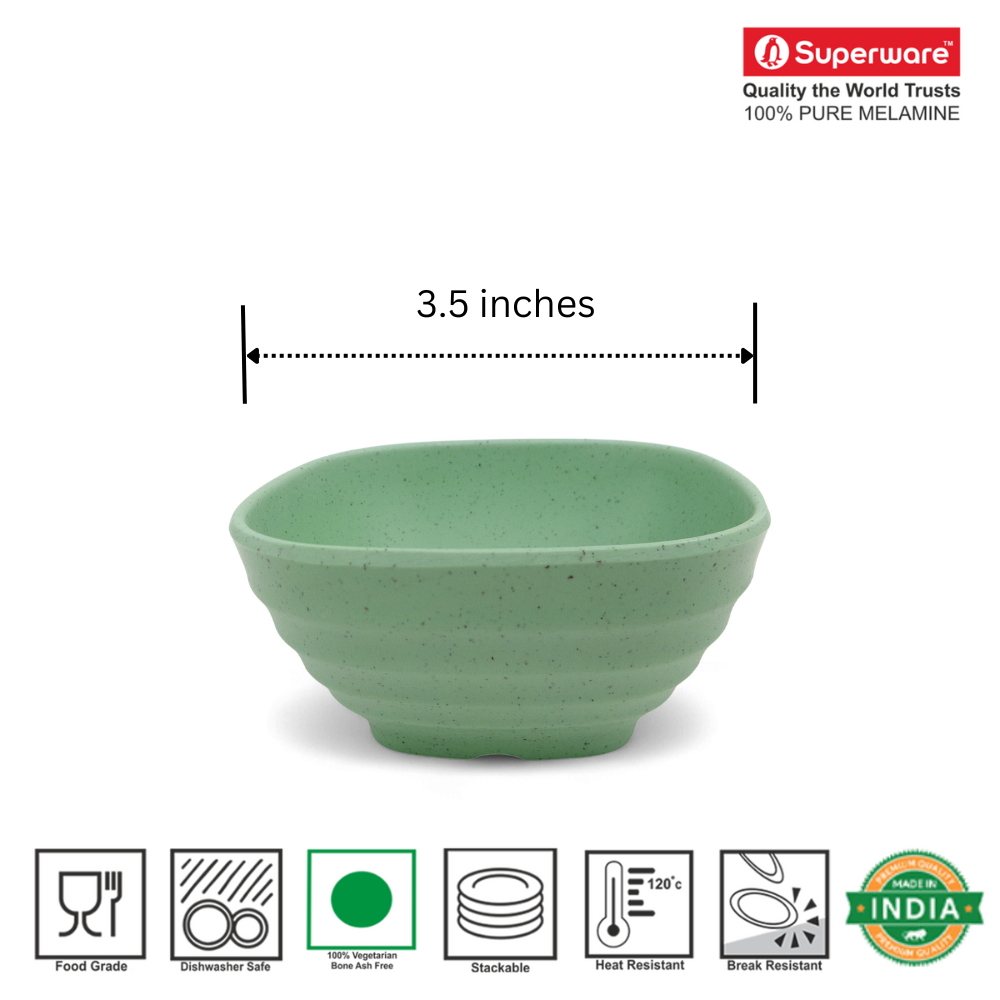 SUPERWARE | Pure Melamine | Square Katori Set - Green Sand (3.5") | 6 Nos. | Stain Free, Glazed Finish