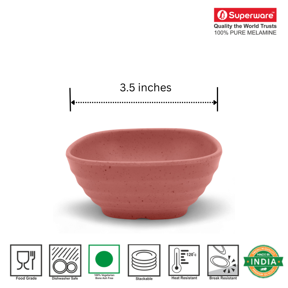 SUPERWARE | Pure Melamine | Square Katori Set - Pink Sand (3.5") | 6 Nos. | Stain Free, Glazed Finish