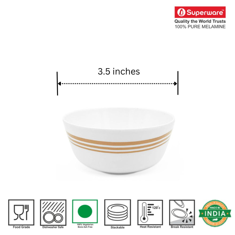 SUPERWARE | Pure Melamine | Katori Set - Golden Lines (3.5") | 6 Nos. | Stain Free, Glazed Finish