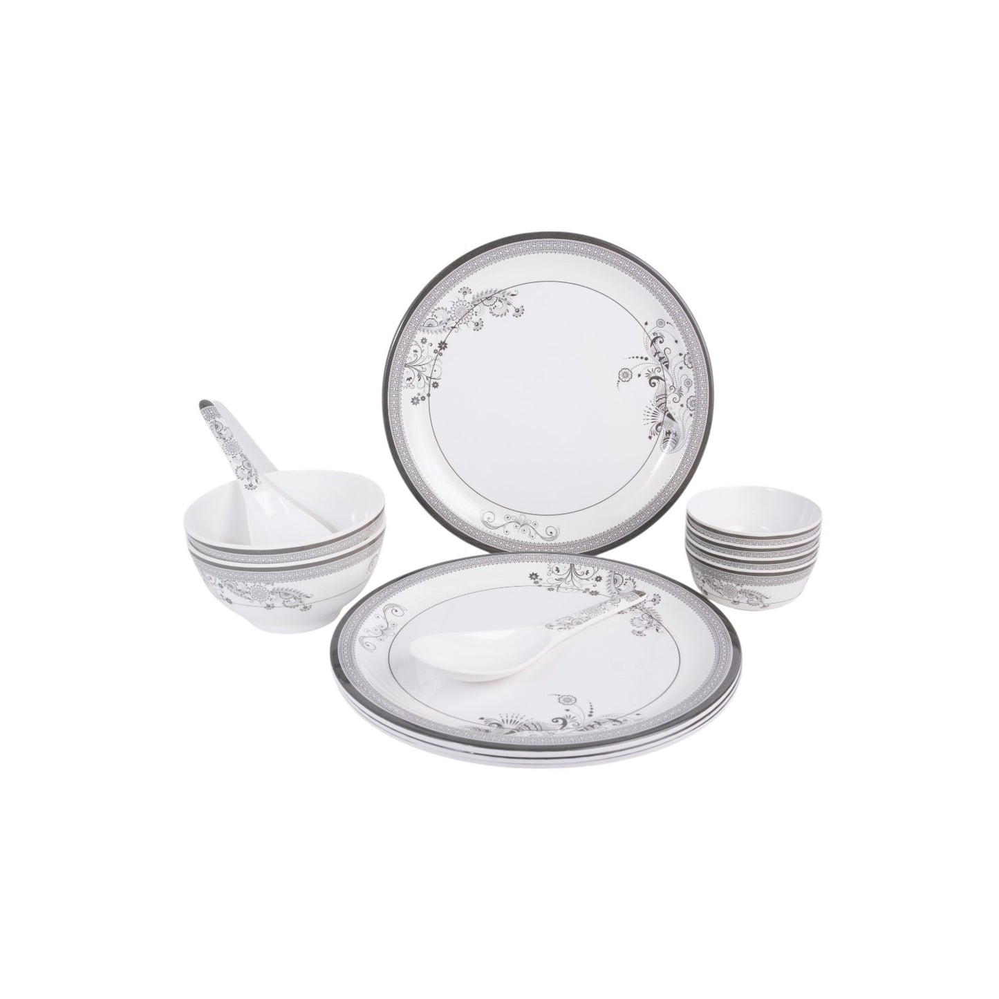 SUPERWARE | Pure Melamine | Dinner Set - Silver Lace | Set Of 12 Pcs. | Stain Free, Glazed Finish