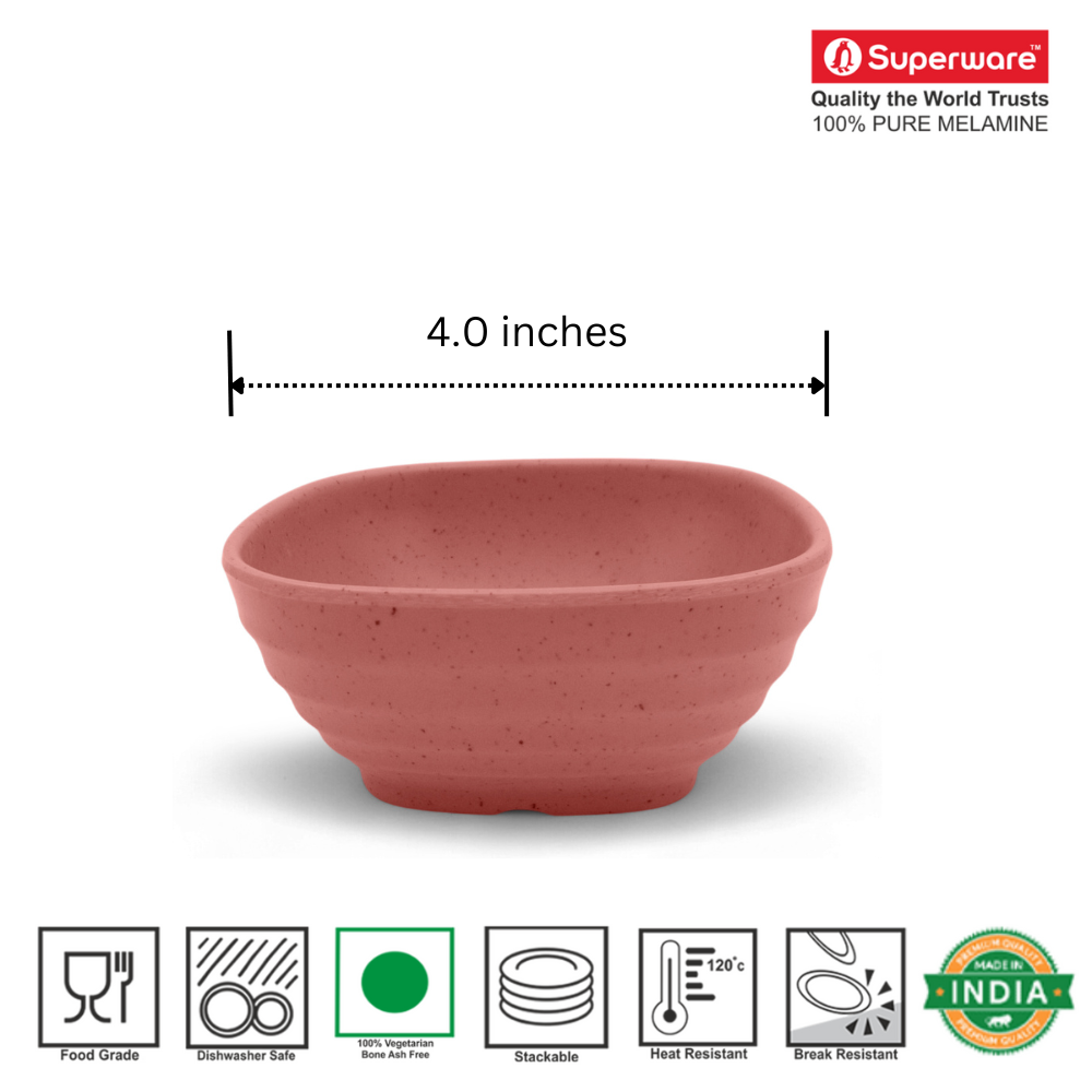 SUPERWARE | Pure Melamine | Square Bowl Set - Pink Sand 4" | 6 Nos. | Stain Free, Glazed Finish