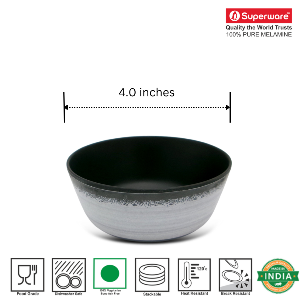 SUPERWARE | Pure Melamine | Bowl Set - Circular Black-Matte 4" | 6 Nos. | Stain Free, Glazed Finish