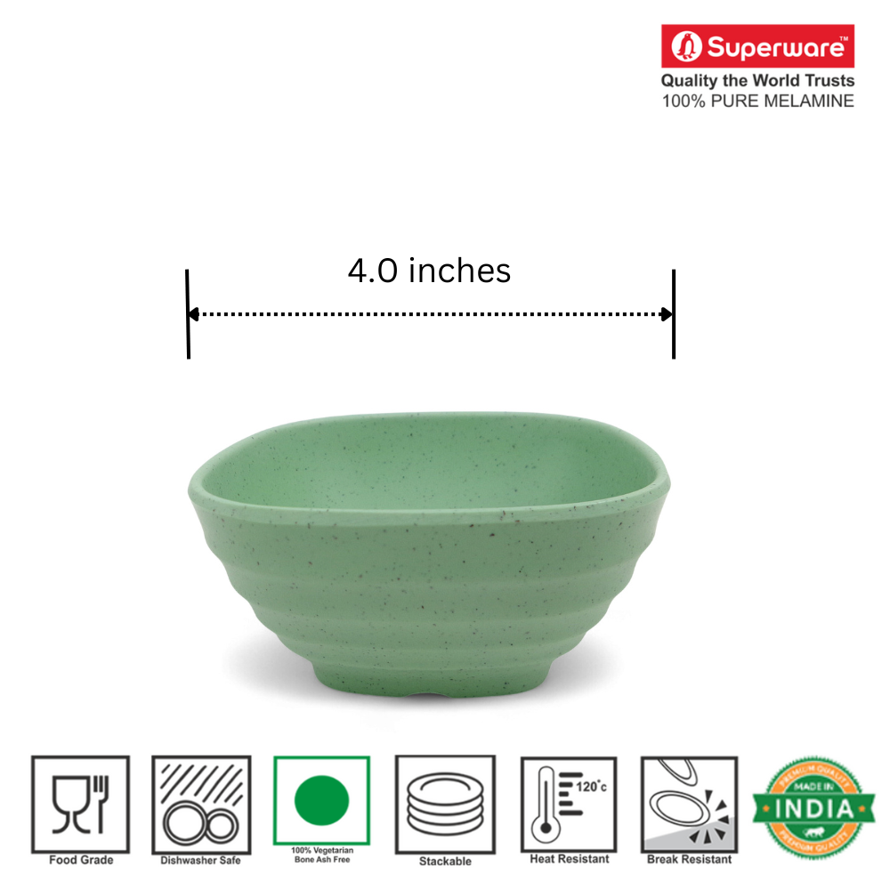 SUPERWARE | Pure Melamine | Square Bowl Set - Green Sand 4" | 6 Nos. | Stain Free, Glazed Finish