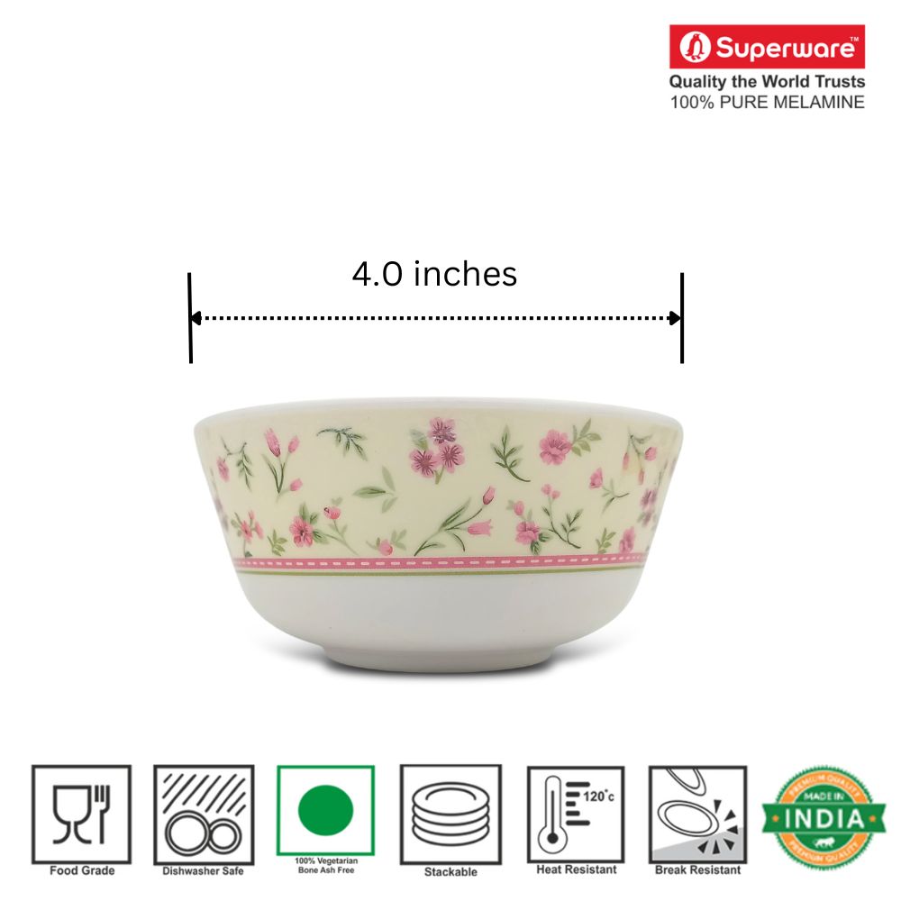 SUPERWARE | Pure Melamine | Bowl Set - Rose Garden 4" | 6 Nos. | Stain Free, Glazed Finish