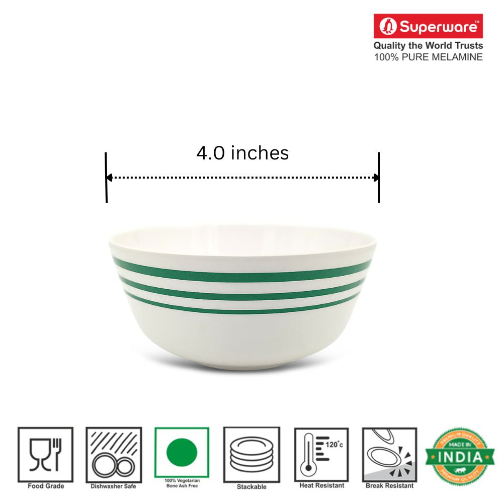 SUPERWARE | Pure Melamine | Bowl Set - Green Lines 4" | 6 Nos. | Stain Free, Glazed Finish
