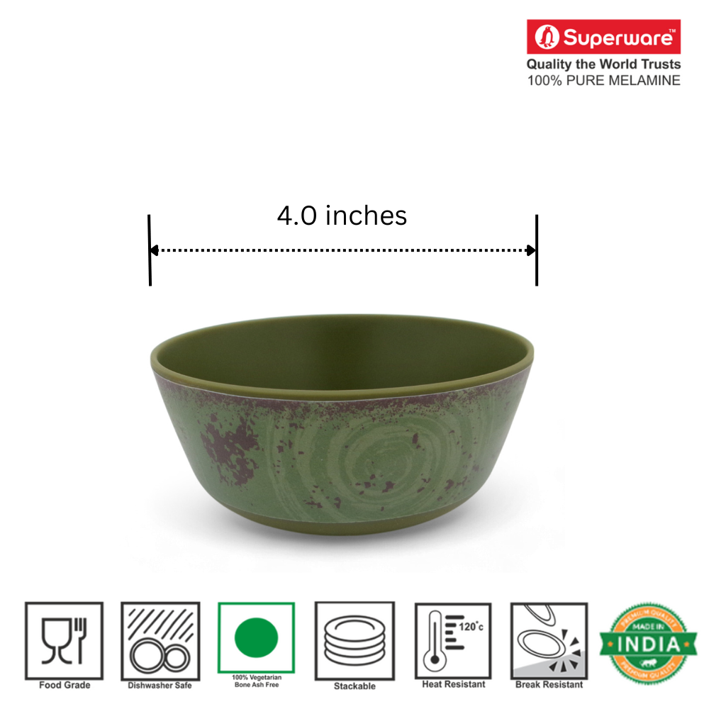 SUPERWARE | Pure Melamine | Bowl Set - Rustic Q Olive Green-Matte 4" | 6 Nos. | Stain Free, Glazed Finish