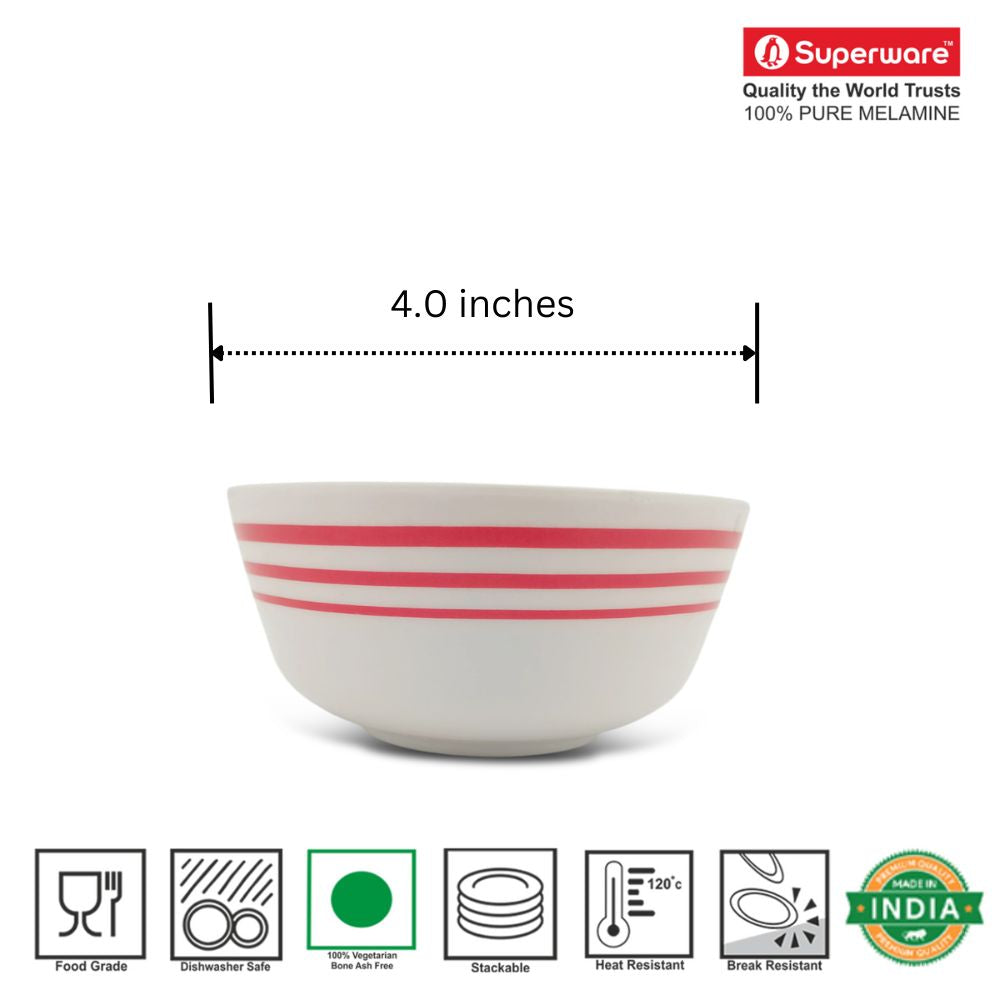 SUPERWARE | Pure Melamine | Bowl Set - Red Lines 4" | 6 Nos. | Stain Free, Glazed Finish