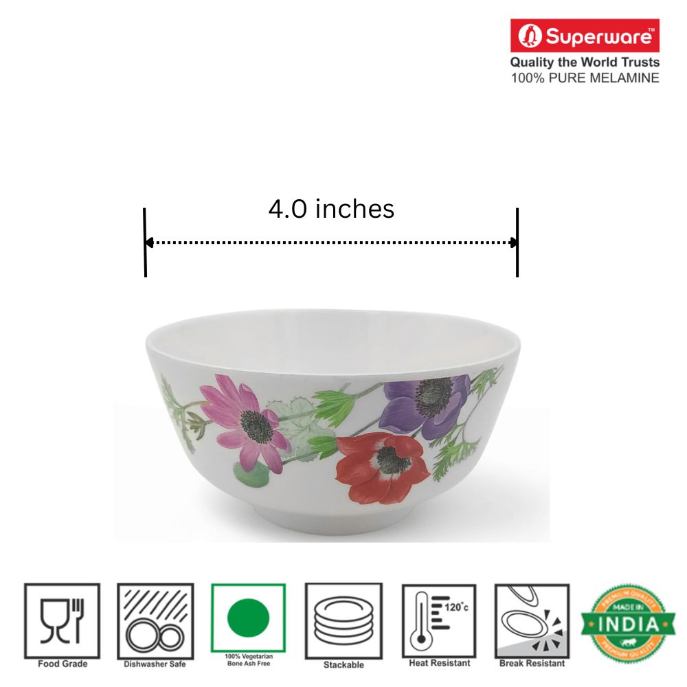 SUPERWARE | Pure Melamine | Bowl Set - Poppy 4" | 6 Nos.| Stain Free, Glazed Finish