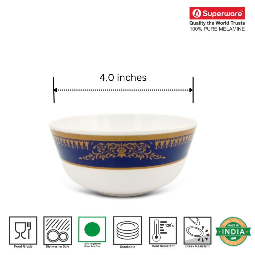 SUPERWARE | Pure Melamine | Bowl Set - Blue Crown 4" | 6 Nos. | Stain Free, Glazed Finish