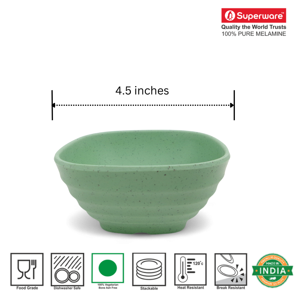 SUPERWARE | Pure Melamine | Square Soup Bowl Set - Green Sand (4.25") | 6 Nos. | Stain Free, Glazed Finish