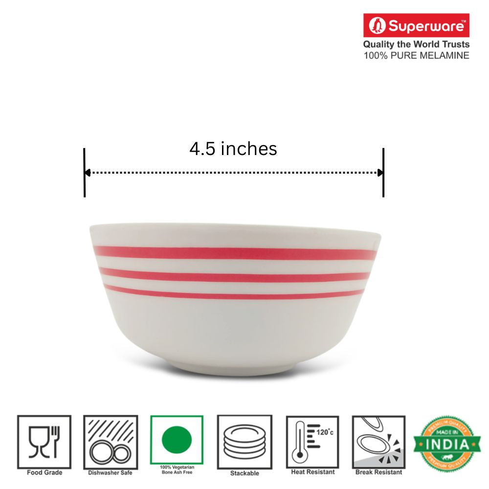 SUPERWARE | Pure Melamine | Soup Bowl Set - Red Lines (4.5") | 6 Nos.| Stain Free, Glazed Finish
