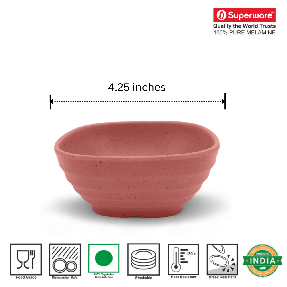 SUPERWARE | Pure Melamine | Square Soup Bowl Set - Pink Sand (4.25") | 6 Nos. | Stain Free, Glazed Finish
