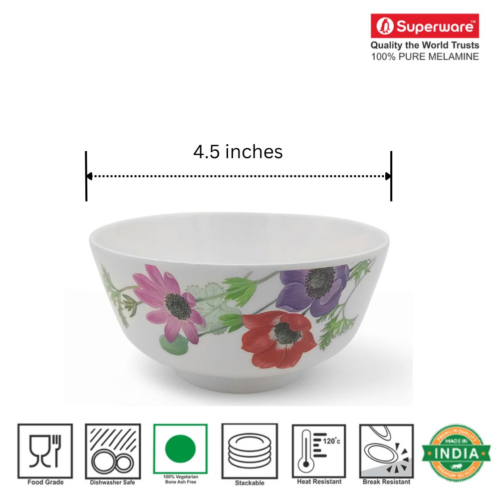 SUPERWARE | Pure Melamine | Soup Bowl Set - Poppy (4.5") | 6 Nos. | Stain Free, Glazed Finish