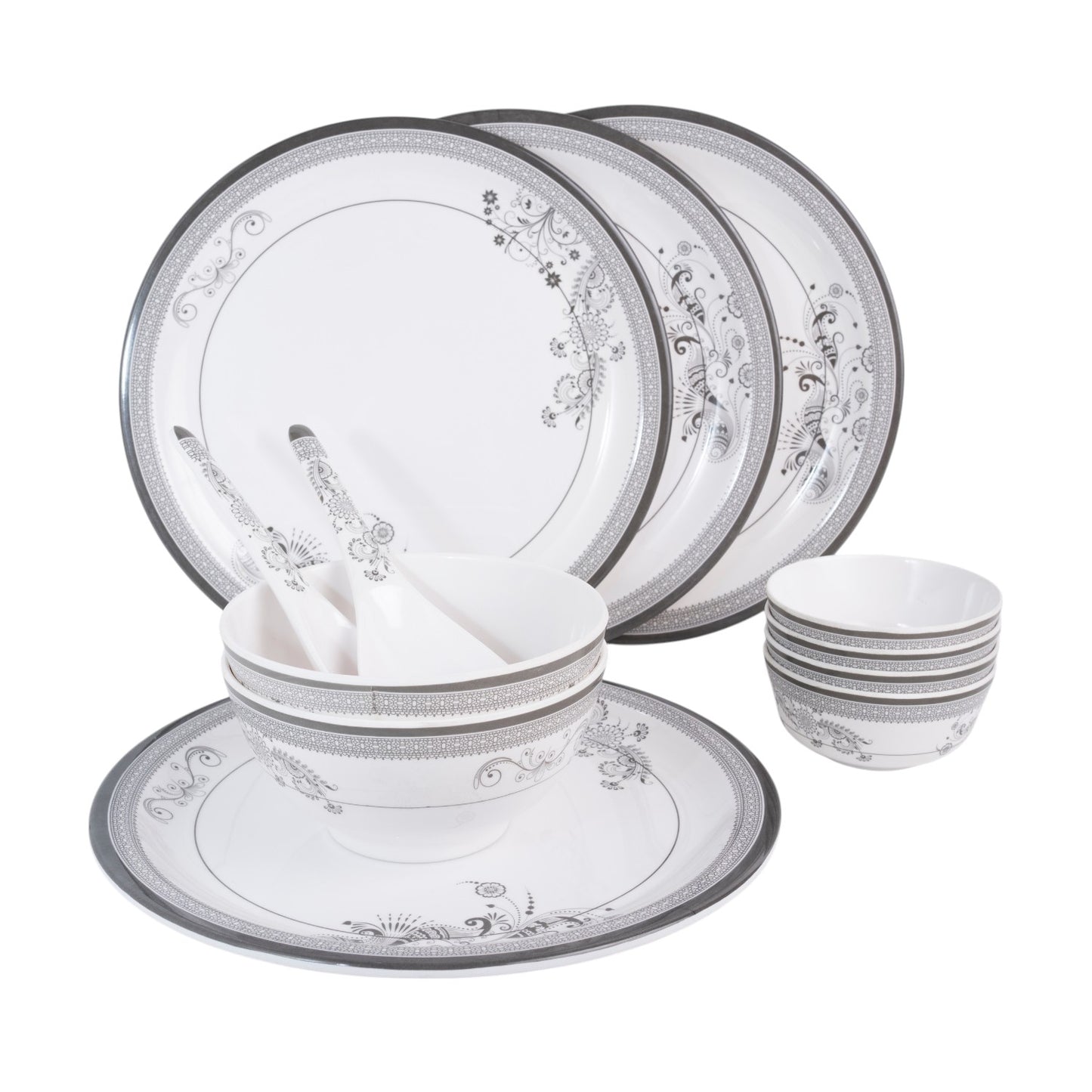 SUPERWARE | Pure Melamine | Dinner Set - Silver Lace | Set Of 12 Pcs. | Stain Free, Glazed Finish